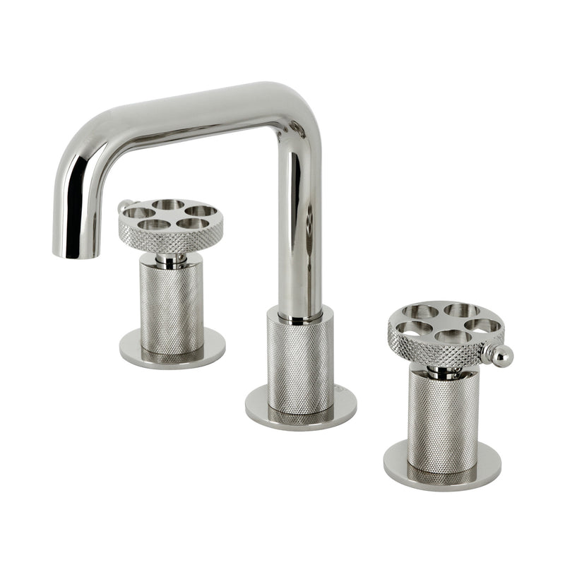 Webb Two-Handle 3-Hole Deck Mount Widespread Bathroom Faucet with Knurled Handle and Push Pop-Up Drain