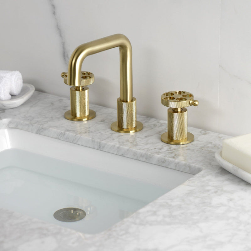 Wendell Two-Handle 3-Hole Deck Mount Widespread Bathroom Faucet with Knurled Handle and Push Pop-Up Drain