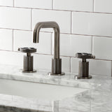 Webb Two-Handle 3-Hole Deck Mount Widespread Bathroom Faucet with Knurled Handle and Push Pop-Up Drain