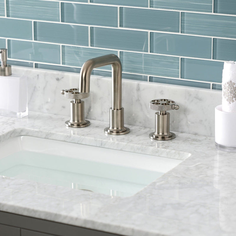 Webb Two-Handle 3-Hole Deck Mount Widespread Bathroom Faucet with Knurled Handle and Push Pop-Up Drain