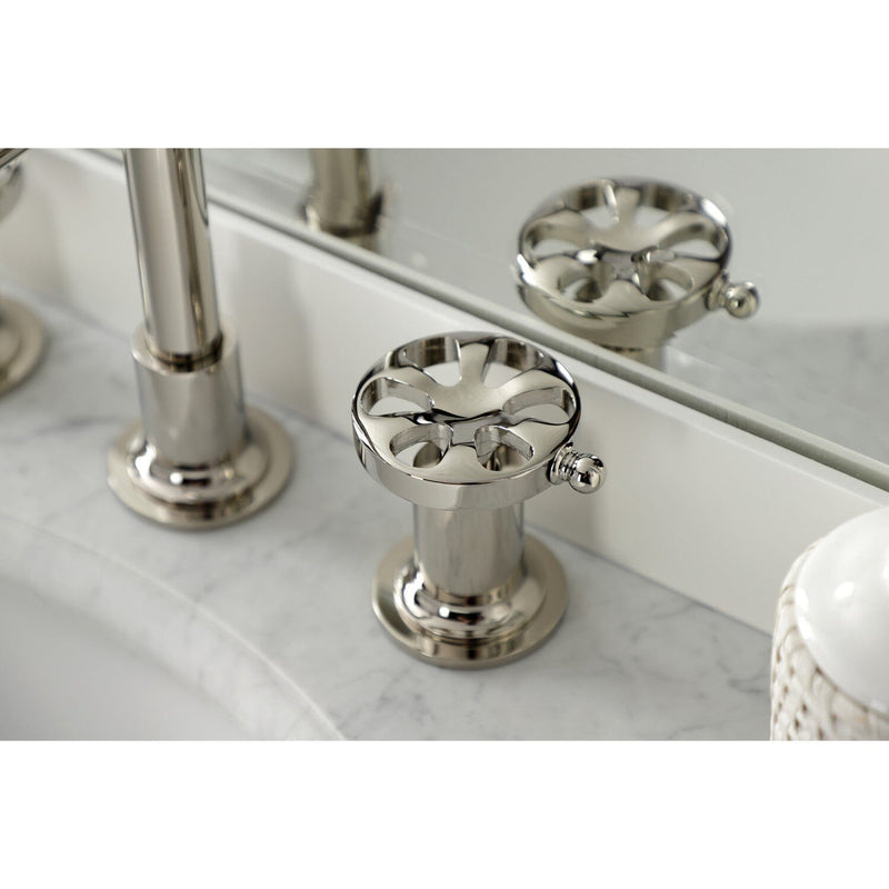 Belknap Two-Handle 3-Hole Deck Mount Widespread Bathroom Faucet with Push Pop-Up Drain