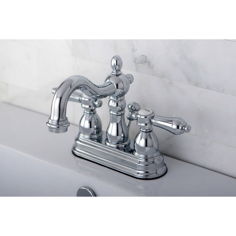 Double-Handle 3-Hole Deck Mount 4-Inch Centerset Bathroom Faucet with Brass Pop-Up