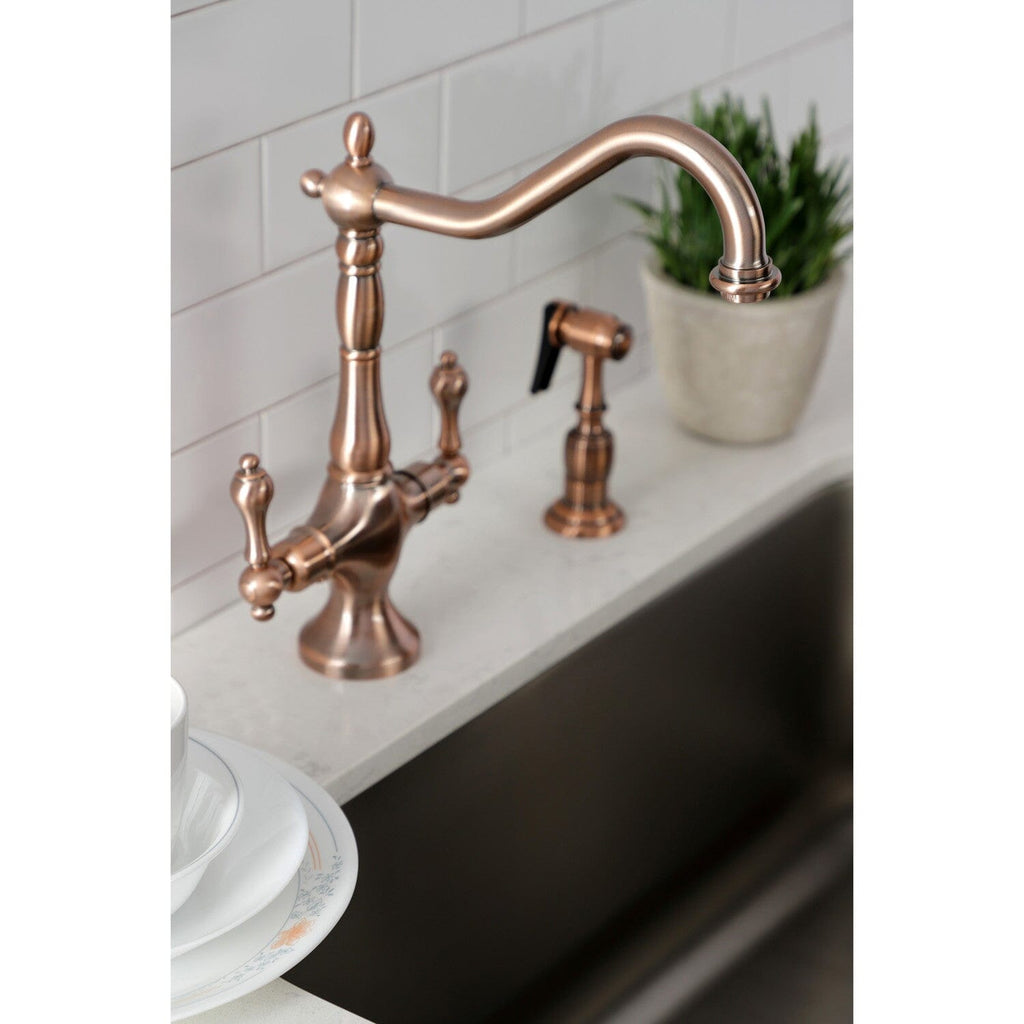 Heritage Two-Handle 2-Hole Deck Mount Kitchen Faucet with Brass Sprayer