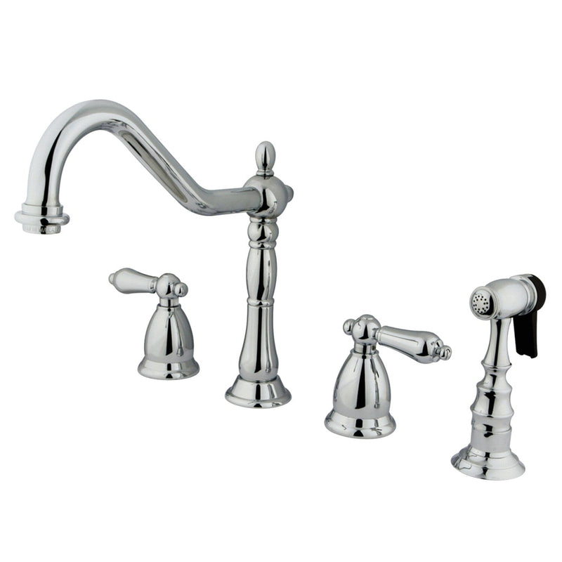 Heritage Double-Handle 4-Hole Widespread Kitchen Faucet with Brass Sprayer