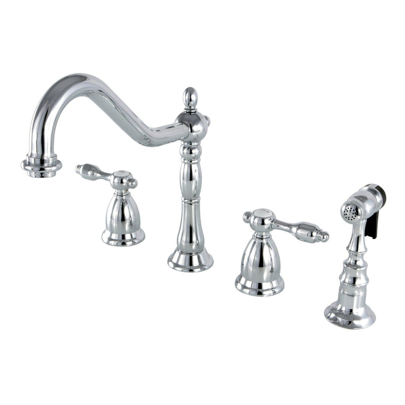 Tudor Double-Handle 4-Hole Widespread Kitchen Faucet with Brass Sprayer