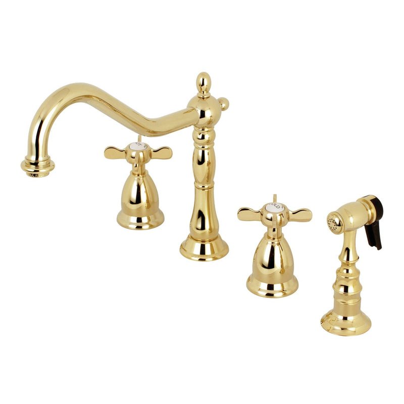 Essex Double-Handle 4-Hole Widespread Kitchen Faucet with Brass Sprayer