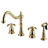 French Country Double-Handle 4-Hole Widespread Kitchen Faucet with Brass Sprayer