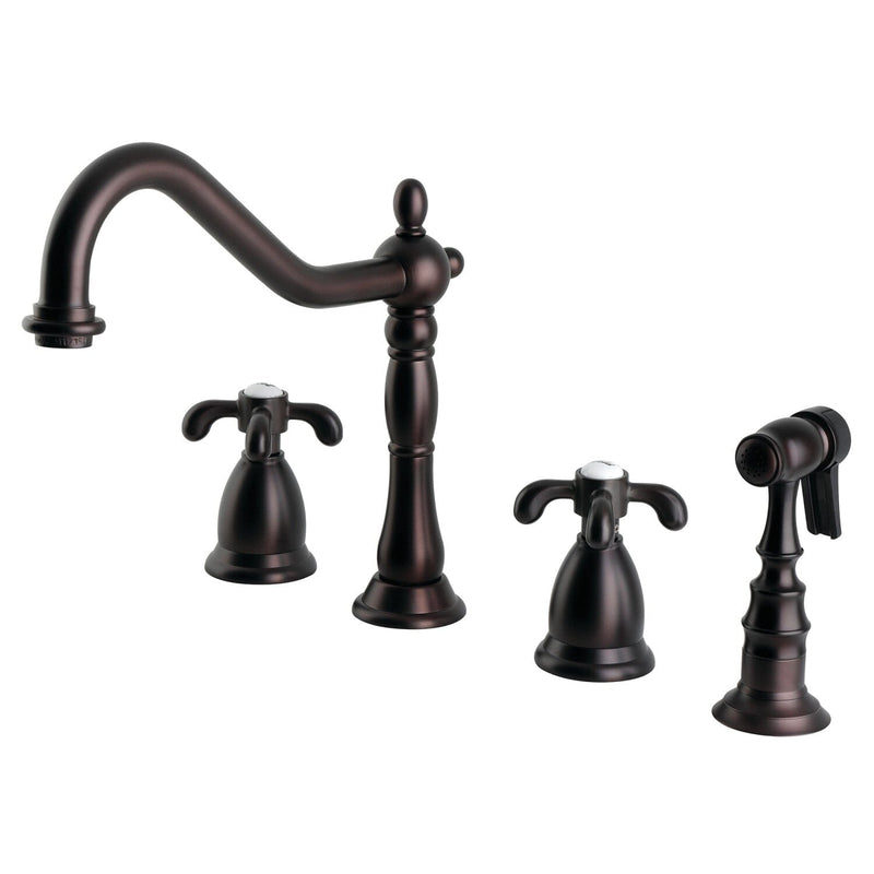 French Country Double-Handle 4-Hole Widespread Kitchen Faucet with Brass Sprayer