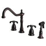 French Country Double-Handle 4-Hole Widespread Kitchen Faucet with Brass Sprayer