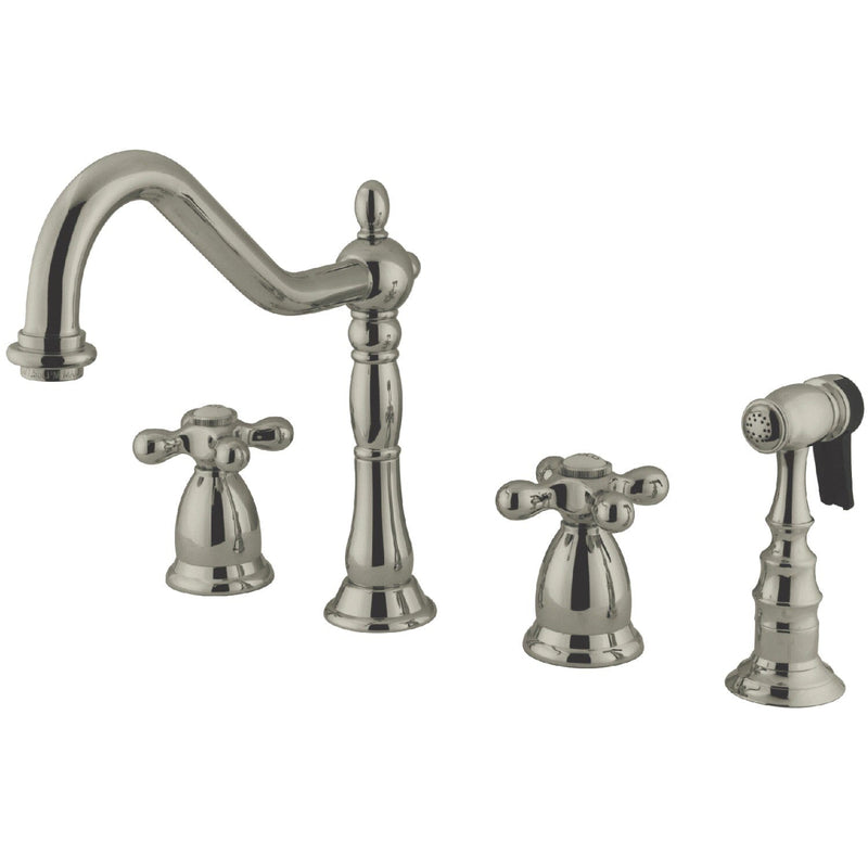 Heritage Double-Handle 4-Hole Widespread Kitchen Faucet with Brass Sprayer