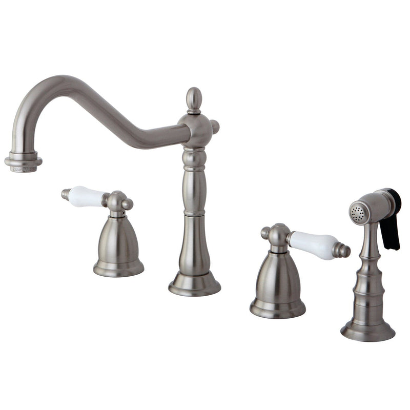 Heritage Double-Handle 4-Hole Widespread Kitchen Faucet with Brass Sprayer