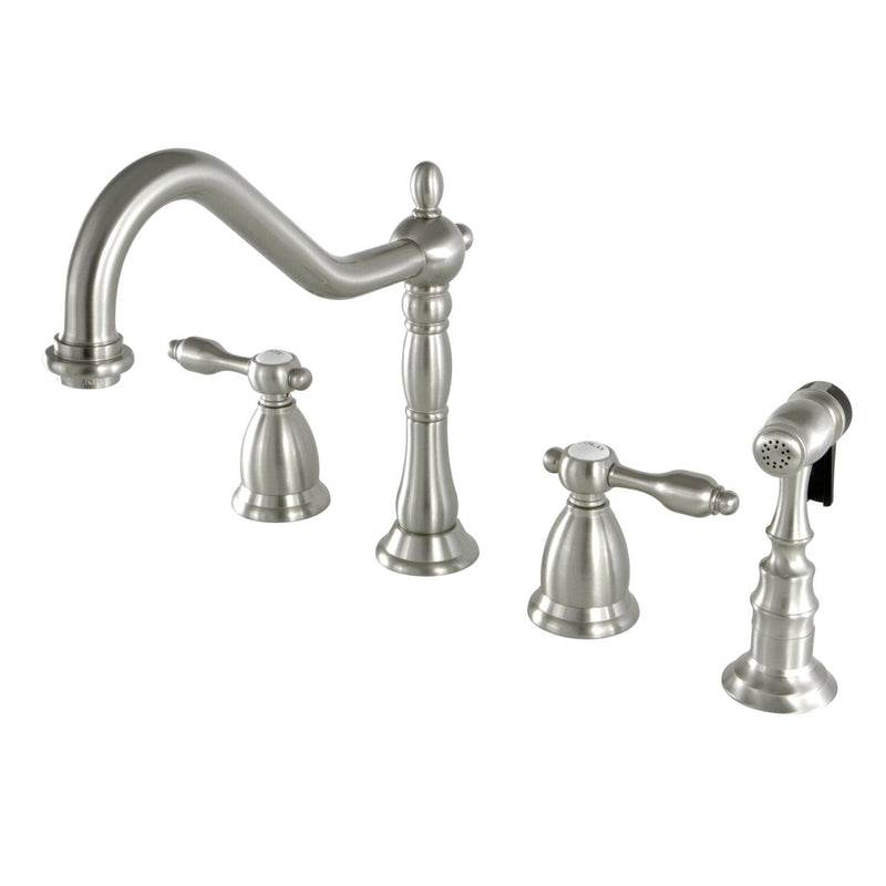 Tudor Double-Handle 4-Hole Widespread Kitchen Faucet with Brass Sprayer