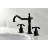 French Country Two-Handle 3-Hole Deck Mount Widespread Bathroom Faucet with Brass Pop-Up