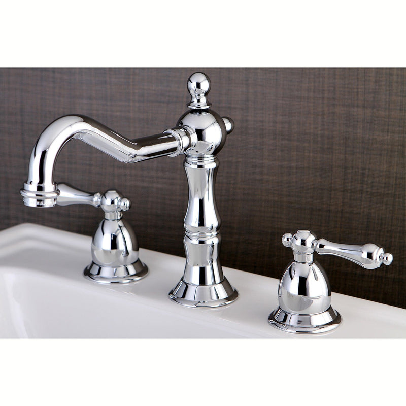 Heritage Two-Handle 3-Hole Deck Mount Widespread Bathroom Faucet with Brass Pop-Up
