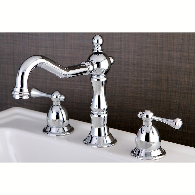 Heritage Two-Handle 3-Hole Deck Mount Widespread Bathroom Faucet with Brass Pop-Up
