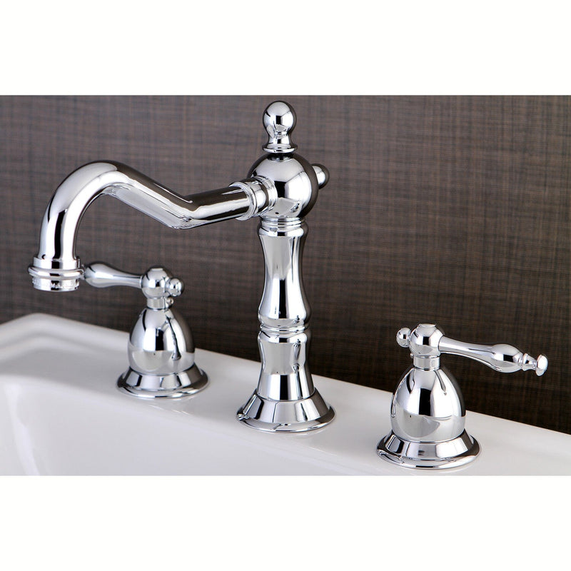 Heritage Two-Handle 3-Hole Deck Mount Widespread Bathroom Faucet with Brass Pop-Up