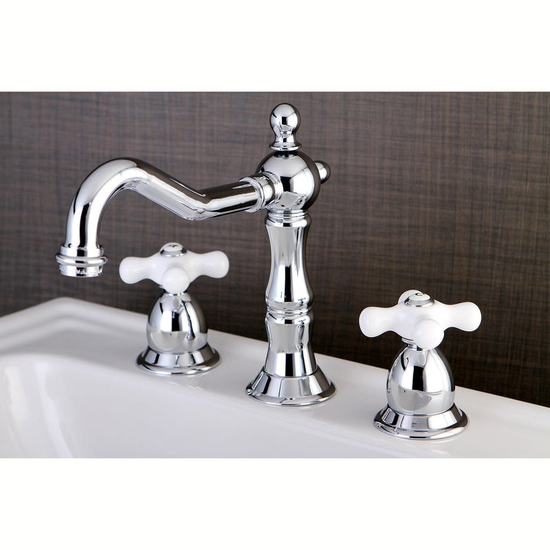 Heritage Two-Handle 3-Hole Deck Mount Widespread Bathroom Faucet with Brass Pop-Up