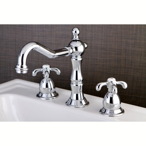 French Country Two-Handle 3-Hole Deck Mount Widespread Bathroom Faucet with Brass Pop-Up