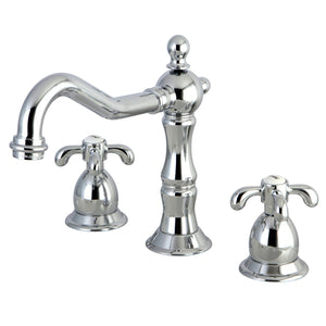 French Country Two-Handle 3-Hole Deck Mount Widespread Bathroom Faucet with Brass Pop-Up