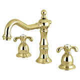 French Country Two-Handle 3-Hole Deck Mount Widespread Bathroom Faucet with Brass Pop-Up