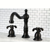 French Country Two-Handle 3-Hole Deck Mount Widespread Bathroom Faucet with Brass Pop-Up