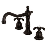 French Country Two-Handle 3-Hole Deck Mount Widespread Bathroom Faucet with Brass Pop-Up