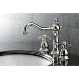 French Country Two-Handle 3-Hole Deck Mount Widespread Bathroom Faucet with Brass Pop-Up