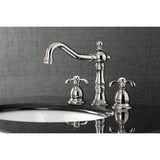 French Country Two-Handle 3-Hole Deck Mount Widespread Bathroom Faucet with Brass Pop-Up