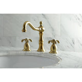 French Country Two-Handle 3-Hole Deck Mount Widespread Bathroom Faucet with Brass Pop-Up