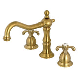 French Country Two-Handle 3-Hole Deck Mount Widespread Bathroom Faucet with Brass Pop-Up