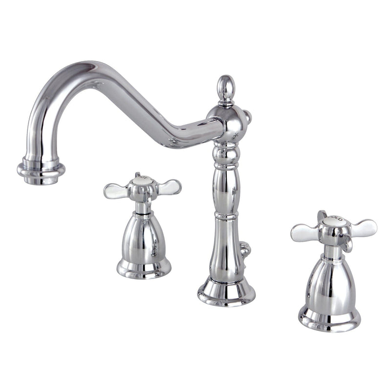 Essex Two-Handle 3-Hole Deck Mount Widespread Bathroom Faucet with Brass Pop-Up