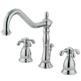 French Country Two-Handle 3-Hole Deck Mount Widespread Bathroom Faucet with Brass Pop-Up