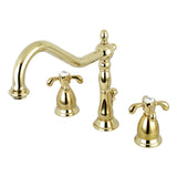 French Country Two-Handle 3-Hole Deck Mount Widespread Bathroom Faucet with Brass Pop-Up