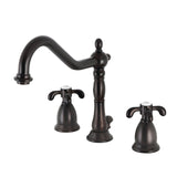 French Country Two-Handle 3-Hole Deck Mount Widespread Bathroom Faucet with Brass Pop-Up