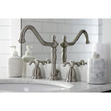 French Country Two-Handle 3-Hole Deck Mount Widespread Bathroom Faucet with Brass Pop-Up