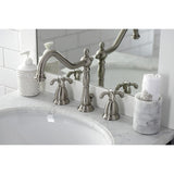 French Country Two-Handle 3-Hole Deck Mount Widespread Bathroom Faucet with Brass Pop-Up