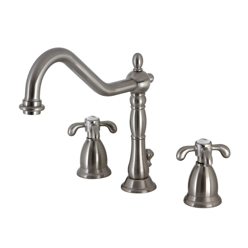 French Country Two-Handle 3-Hole Deck Mount Widespread Bathroom Faucet with Brass Pop-Up