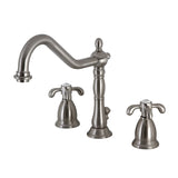 French Country Two-Handle 3-Hole Deck Mount Widespread Bathroom Faucet with Brass Pop-Up