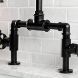 Webb Two-Handle 2-Hole Deck Mount Bridge Bathroom Faucet with Knurled Handle and Push Pop-Up Drain