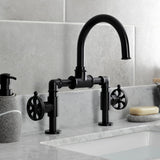 Belknap Two-Handle 2-Hole Deck Mount Bridge Bathroom Faucet with Push Pop-Up Drain