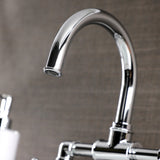 Webb Two-Handle 2-Hole Deck Mount Bridge Bathroom Faucet with Knurled Handle and Push Pop-Up Drain