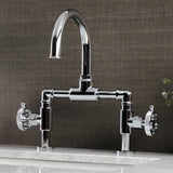 Webb Two-Handle 2-Hole Deck Mount Bridge Bathroom Faucet with Knurled Handle and Push Pop-Up Drain