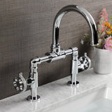 Webb Two-Handle 2-Hole Deck Mount Bridge Bathroom Faucet with Knurled Handle and Push Pop-Up Drain