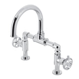 Webb Two-Handle 2-Hole Deck Mount Bridge Bathroom Faucet with Knurled Handle and Push Pop-Up Drain