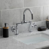 Belknap Two-Handle 2-Hole Deck Mount Bridge Bathroom Faucet with Push Pop-Up Drain