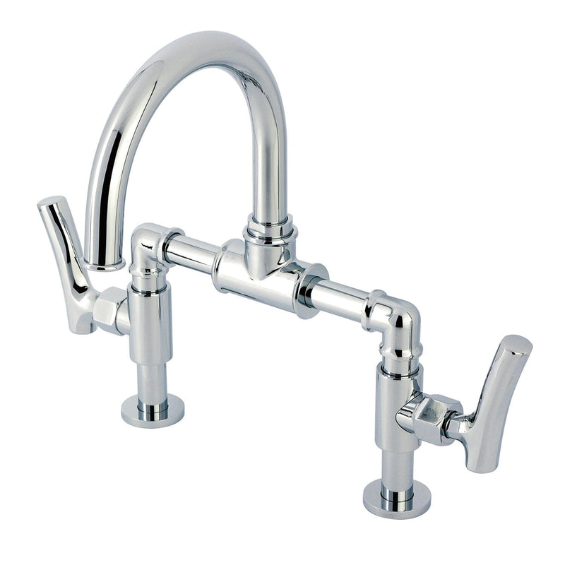 Hallerbos Two-Handle 4-Hole Deck Mount Bridge Bathroom Faucet with Brass Pop-Up Drain