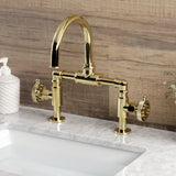 Webb Two-Handle 2-Hole Deck Mount Bridge Bathroom Faucet with Knurled Handle and Push Pop-Up Drain