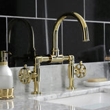 Belknap Two-Handle 2-Hole Deck Mount Bridge Bathroom Faucet with Push Pop-Up Drain