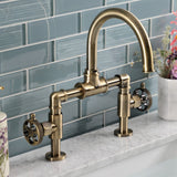 Webb Two-Handle 2-Hole Deck Mount Bridge Bathroom Faucet with Knurled Handle and Push Pop-Up Drain