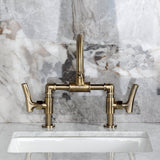 Hallerbos Two-Handle 4-Hole Deck Mount Bridge Bathroom Faucet with Brass Pop-Up Drain
